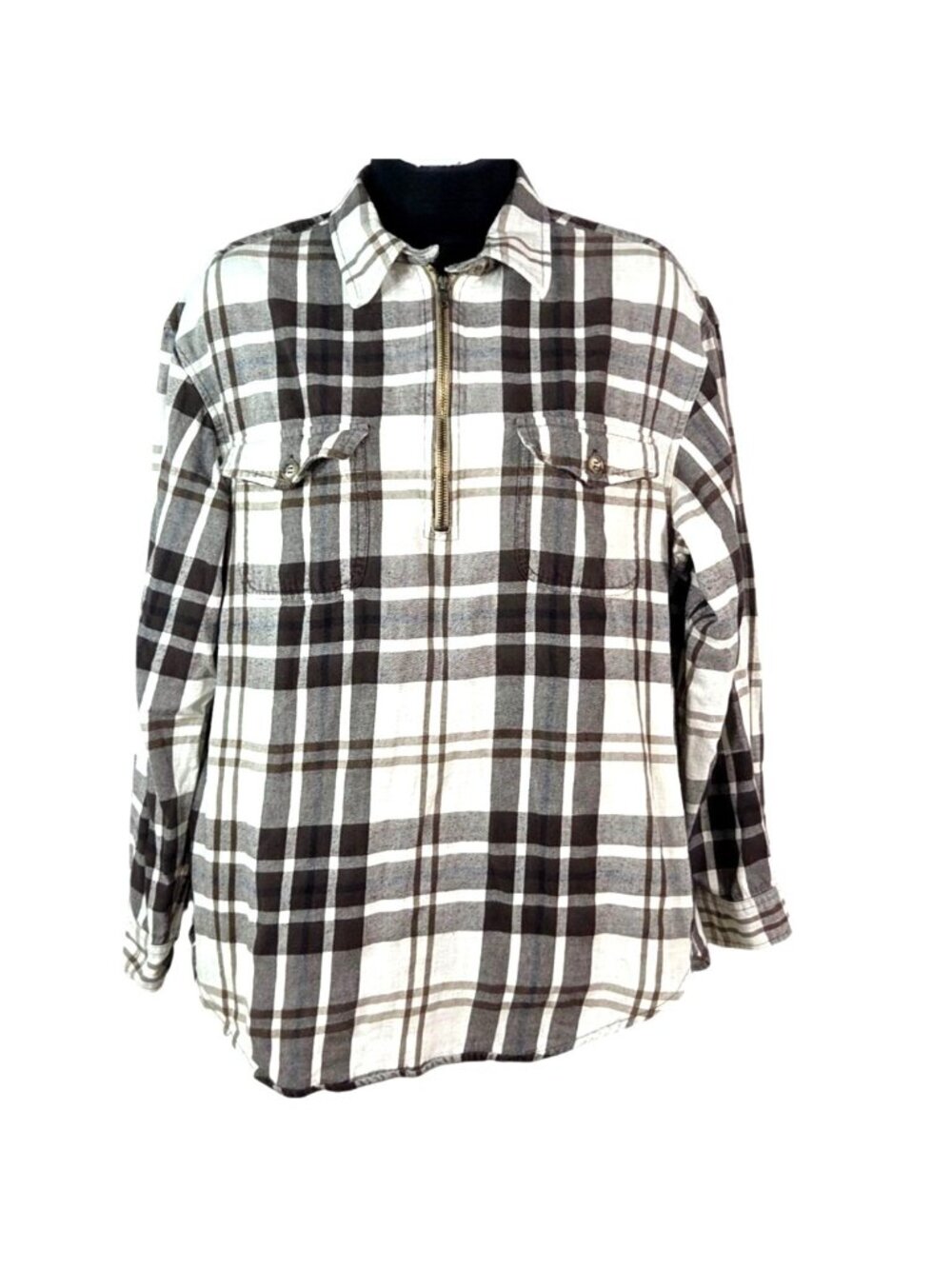 Jones New York Sport Womens Plaid Flannel Shirt M Black Beige Long Sleeve Half-Z